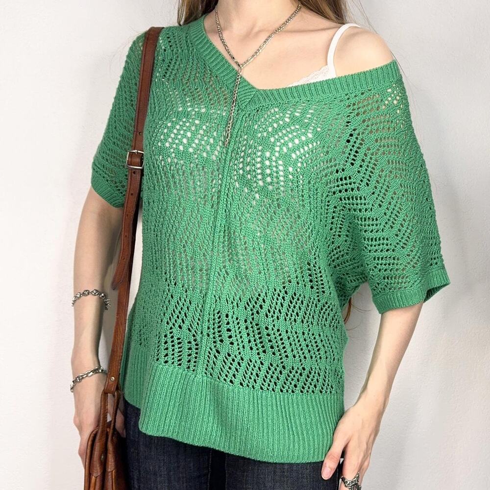 Fairycore Green Open Knit Short Sleeve Sweater Top Boho Coastal Grandma Retro
